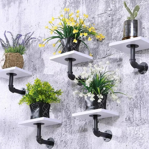 Pack of 8 Retro Pipe Wall Shelf Set with Metal Brackets, 55lbs Load Capacity per Shelf Marble-Look Rustic Floating Wood Panels for Living Rooms & Bars