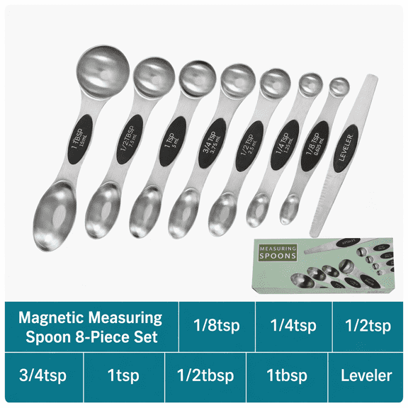 Magnetic Measuring Spoons Set, Dual-Sided Stainless Steel, Fits Spice Jars, 8-Piece