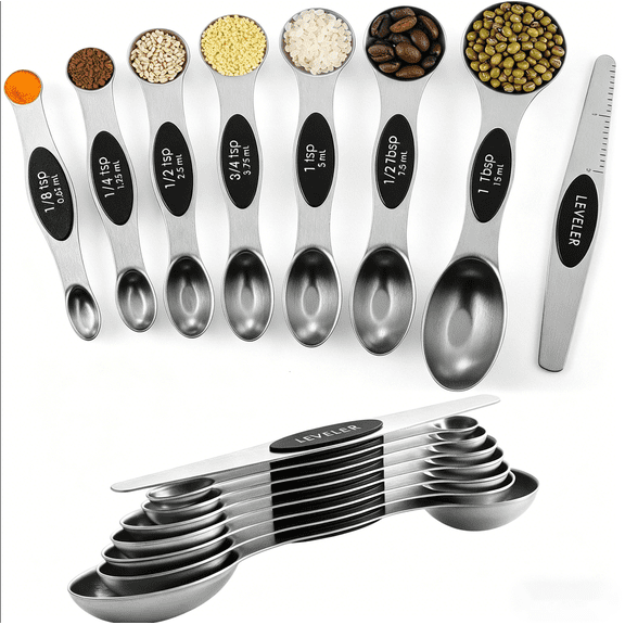 Pack of 8 Stainless Steel Magnetic Measuring Spoons Set, Dual Sided, Stackable, Adjustable Teaspoon and Tablespoon Measure Spoon with Leveler, Kitchen Gadgets