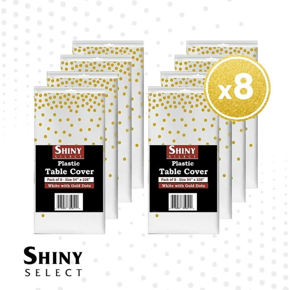 [Pack of 8] White Gold Polka Dot Plastic Tablecloths, Decorative Table Covering for Anniversaty Birthday Conference BBQ, Holiday Celebration, Family Gathering 54" x 108" (White With Gold Dots)