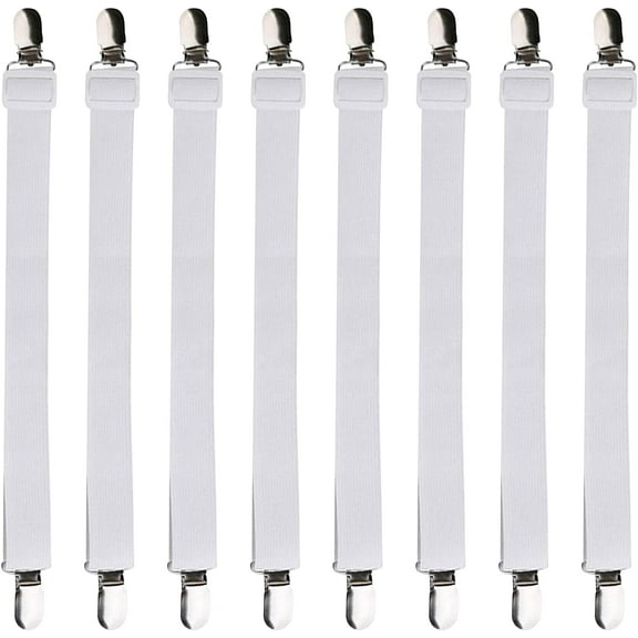 Pack of 8 adjustable sheet stretchers, elastic bed sheet stretchers, white sheet stretchers with clamps fitted sheet holder clips, for bed sheet, mattress, ironing board or sofa