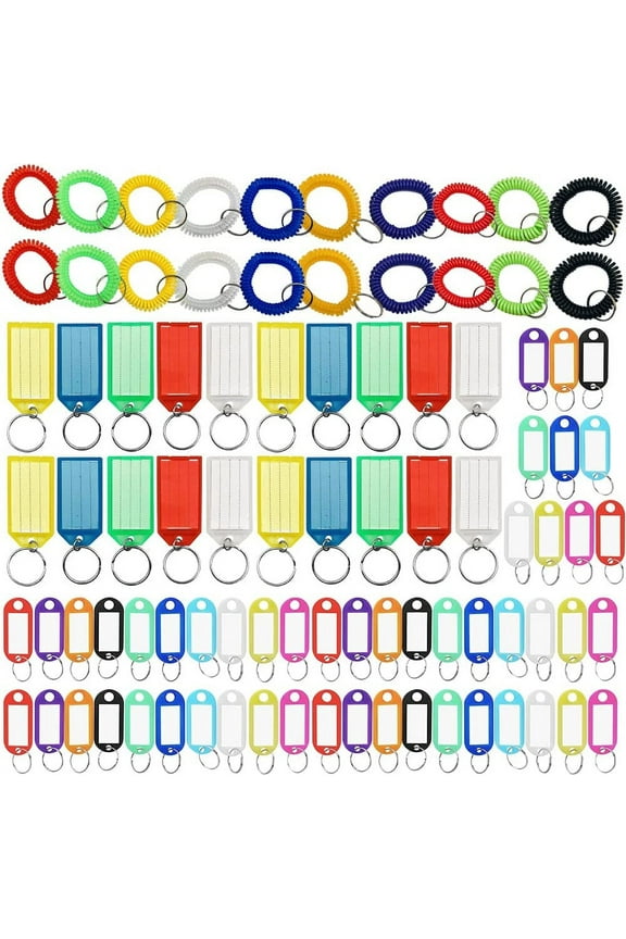 Pack of 90 Wrist Coil Keychains and Tough Plastic Key Tags, DaKuan 20 Stretchable Plastic Wrist Keychains and 70 Key Tags with Labels, for Identification and Prevention of Keys Falling off