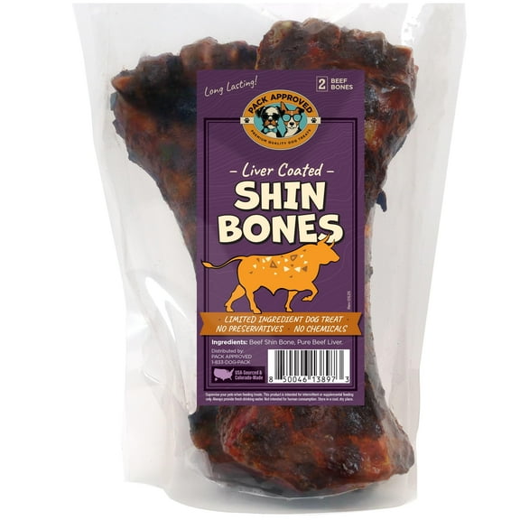 Pack Approved Beef Shin Bones for Dogs - Liver Coated Long Lasting Dog Chews for Aggressive Chewers - Rawhide-Free Big Bones for Large Dogs - Healthy Large Dog Bone (2 Pack)