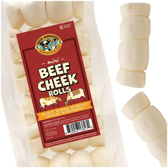 Pack Approved Mini Beef Cheek Rolls - Single Ingredient, All Natural Dog Treats for Small and Medium Dogs - Low fat, Gluten-free, & Grain Free Dog Treats - 3-4 inch (6-pack)