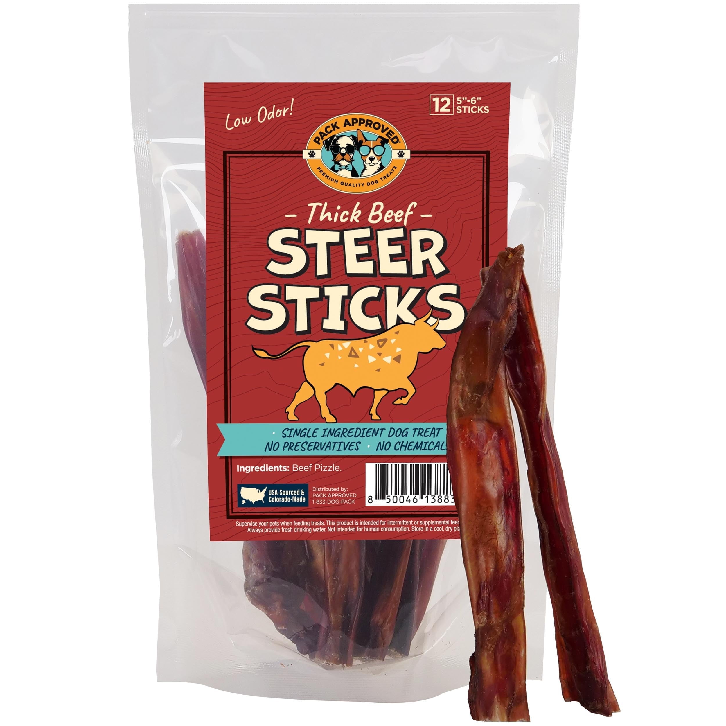 Pack Approved Thick Steer Bully Sticks for Medium Dogs & Small Breeds - Long Lasting Dog Chews for Aggressive Chewers - Dog Bully Sticks for Medium Dogs - Single Ingredient Treat - 5-6" (12ct)