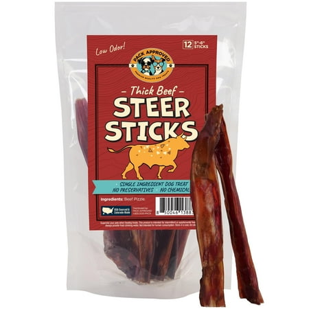 Pack Approved Thick Steer Bully Sticks for Medium Dogs & Small Breeds - Long Lasting Dog Chews for Aggressive Chewers - Dog Bully Sticks for Medium Dogs - Single Ingredient Treat - 5-6" (12ct)