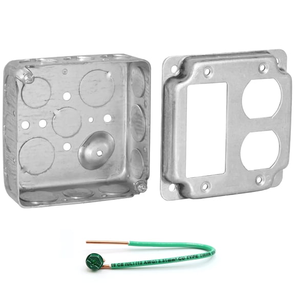 Pack of Box and Cover 4" Square Electrical Box, 1 Rocker GFI Switch, 1 Duplex Receptacle Cover, Crushed Corners, Drawn Construction, Ten 1/2", Six 3/4" Knockouts, Raised Ground, 1-1/2" Deep