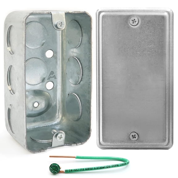 Pack of Box and Cover 4x2 Inch Utility Electrical Box, Blank Utility Size Cover, Drawn Construction, Ten 1/2 Inch Knockouts, Raised Ground, 1-7/8" Deep, 13 Cu. In. Capacity, Galvanized Steel
