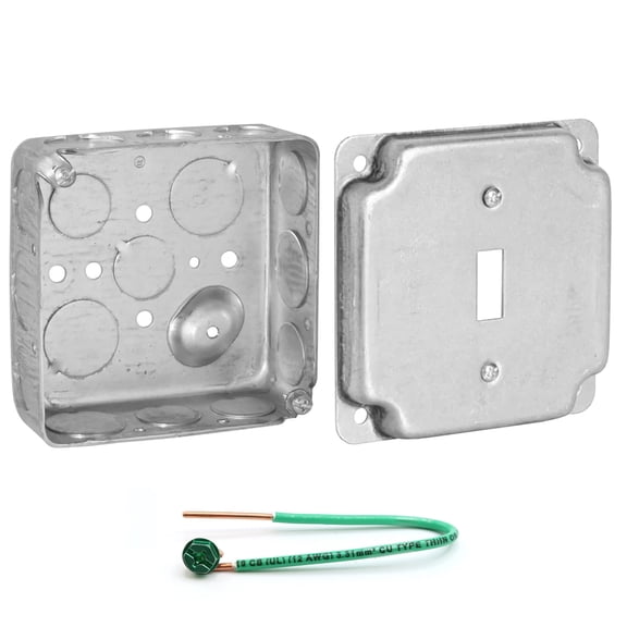 Pack of Box and Cover AP-12081, 4" Square Electrical Box, Single Toggle Switch Exposed Work Cover, Crushed Corners, Drawn Construction, Ten 1/2" and Six 3/4" Knockouts, Raised Ground, 1-1/2" Deep