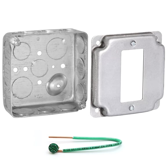 Pack of Box and Cover AP-12083, 4" Square Electrical Box, Single Rocker Switch Exposed Work Cover, Crushed Corners, Drawn Construction, Ten 1/2", Six 3/4" Knockouts, 1-1/2" Deep, 2-Gang