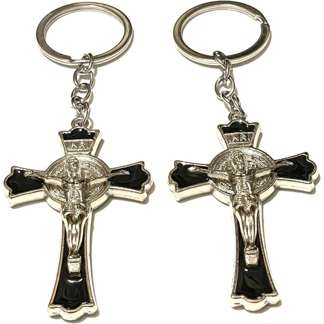 Pack Christian Saint Benedict Cross Keychain with Jesus on the Cross Key holder (A)