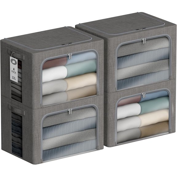 Pack Clothes Storage Bins with Metal Frame -  Stackable Storage Box with Lid，Foldable Storage Container Organizer for Clothes，Linen Fabric Storage Box with Clear Window＆Zippers＆Handles
