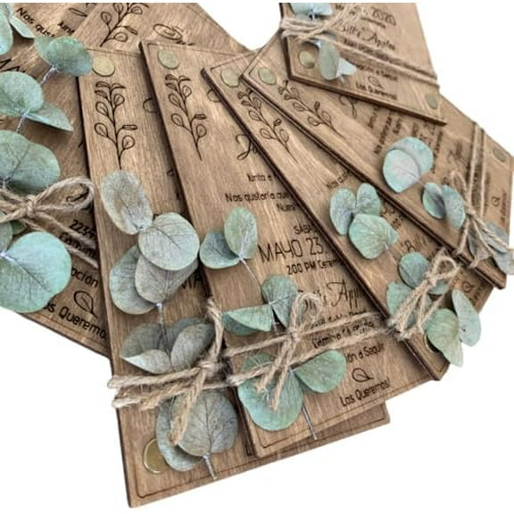 Pack of Eucalyptus Personalized Wedding Invitations - Laser Cut Wedding Invitation - Wooden Invitations with Envelopes & Stickers$$Home Decor, Kitchen, & Other