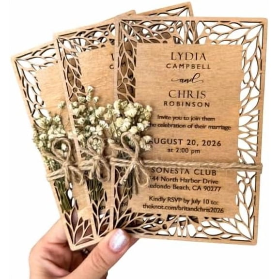 Pack of Floral Personalized Wedding Invitations - Laser Cut Wedding Invitation - Flower Twined Wooden Invitations with Envelopes & Stickers$$Home Decor, Kitchen, & Other