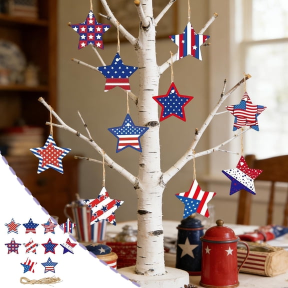 Pack Independence Day Wooden Hanging Decorations Patriotic Stars Stripes for 4th July Party Festival Home Door Wall Ornaments for Office Classroom Cubicle Dormitory Apartment Backyard