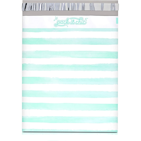 Pack It Chic - 10X13 (100 Pack) Teal Watercolor Stripes Poly Mailer Envelope Plastic Custom Mailing & Shipping Bags - Self Seal