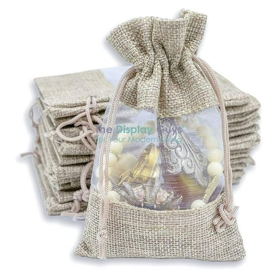 -Pack Large Linen Burlap & Organza Gift Bags w. Drawstrings (6.5x8.5 in, Beige) - Party Favors, Presents, Samples & Treats Mesh Pouch by The Display Guys