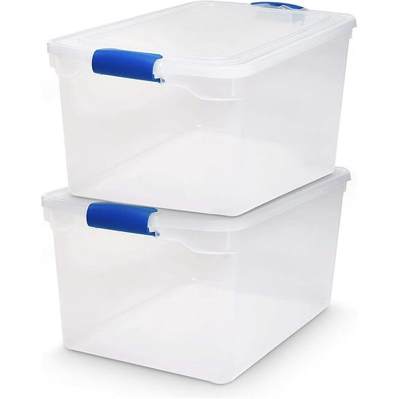 Pack Latching Lid, Large Clear Plastic Storage Bins with Lids, 66 Quart, Blue Latch - Stackable Container Boxes for Home, Bathroom, and Office Organization