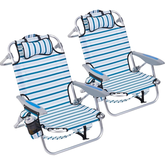 Pack Lightweight Portable Camping Beach Chair for Adults Outdoor Lay Flat Folding Beach Chairs with Positions Backpack Beach Chair with Towel Bar Zipper Pouch Cup Holder Ocean Stripe