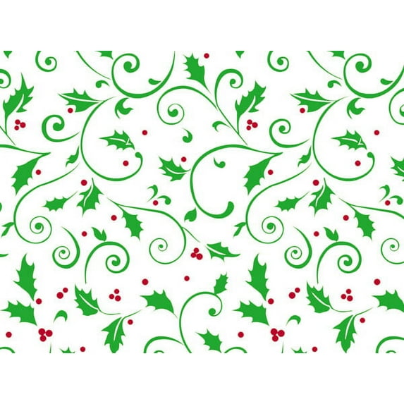 Pack Of 1, 24" X 100' 1.0 Mil Hollyday Berries Christmas Print Cello Rolls W/Swirls Of Green Holly Leaves With Red Berries