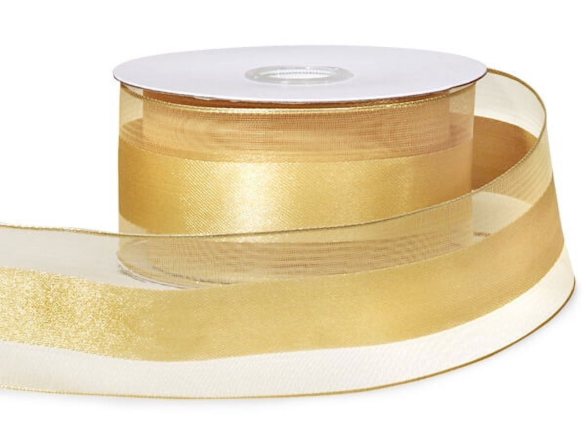 Pack Of 1, Solid Gold Wired Satin Stripe Sheer 1.5" X 25 Yards 100% Polyester Ribbon For Easy Bow Making