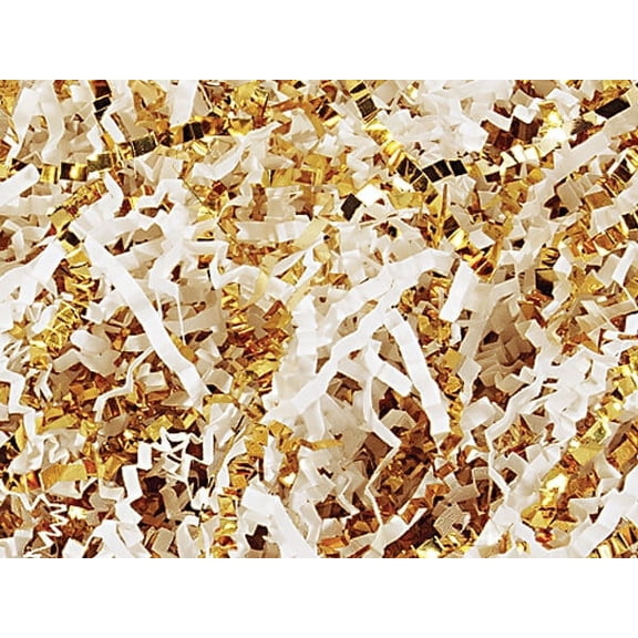 Pack Of 1, Solid White & Gold Crinkle Cut Paper Shred (Spring Fill / Zig Fill) 1/8" Wide 10 Lb Made In USA