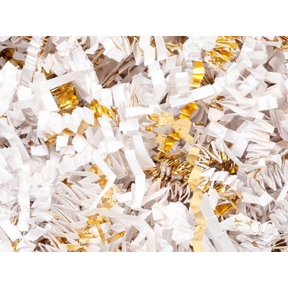 Pack Of 1, Solid White & Gold Crinkle Cut Shred (Spring-Fill / Zig Fill) 1/8" Wide 8 Oz Made In USA