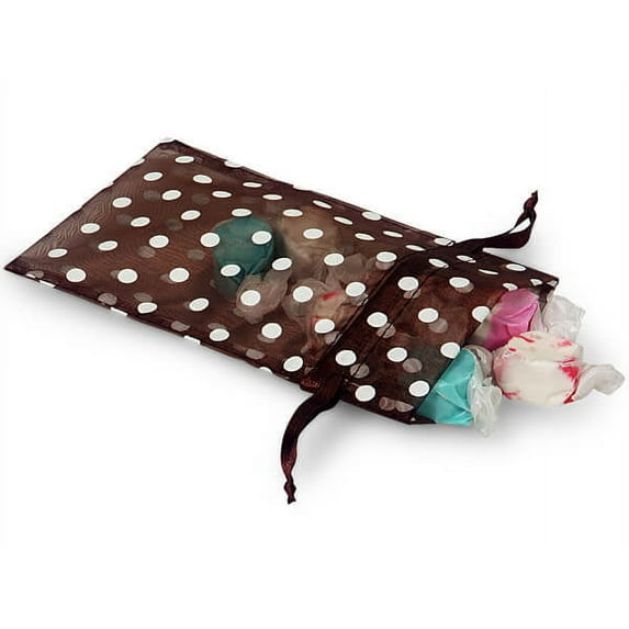 Pack Of 10, 4 x 6" Chocolate Organza Bags W/White Polka Dots 100% Nylon For Soaps, Candles, Sachets, Jewelry, Cosmetics