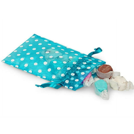 Pack Of 10, 4 x 6" Vivid Turquoise Organza Bags W/White Polka Dots 100% Nylon For Soap, Candle, Sachet, Jewelry, Cosmetic