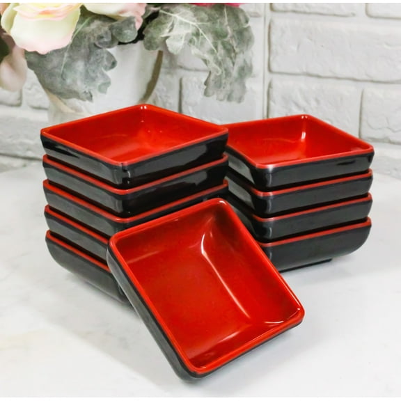 Pack Of 10 Red And Black Melamine Dipping Sauce Or Condiment Square Dishes 3"L