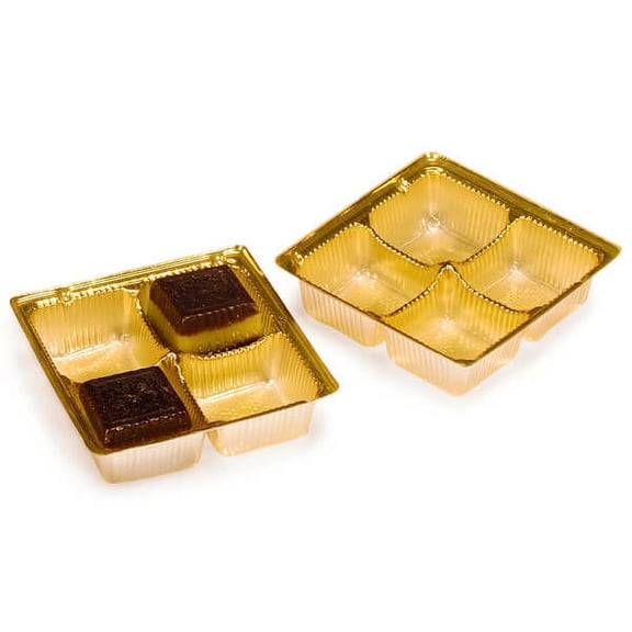 Pack Of 100, 3.5 X 3.5 X 1" Square Solid Gold Candy Trays W/4 Sections