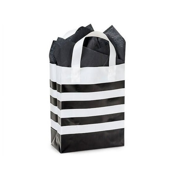 Pack Of 100, Black Bold Stripe Plastic Shopping Bags 4 Mil Hdpe - Cub 8 X 4 X 10" For Christmas, Valentine's Day & Weddings