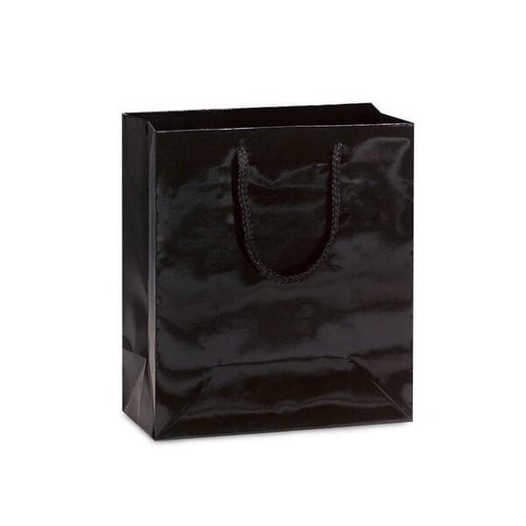Pack Of 100, Cub 8 X 4 X 10" Solid Black Deluxe Gloss Color Laminated Paper Gift Bags