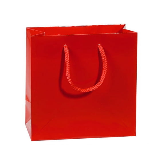 Pack Of 100, Jewel 6.5 X 3.5 X 6.5" Solid Red Deluxe Gloss Color Laminated Paper Gift Bags