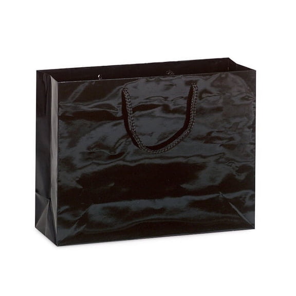Pack Of 100, Medium 13 X 5 X 10" Solid Black Deluxe Gloss Color Laminated Paper Gift Bags