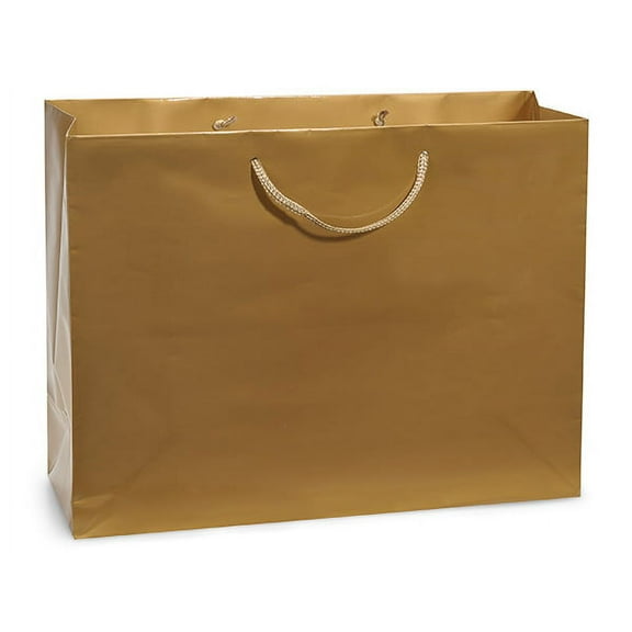 Pack Of 100, Medium 13 X 5 X 10" Solid Gold Deluxe Gloss Color Laminated Paper Gift Bags