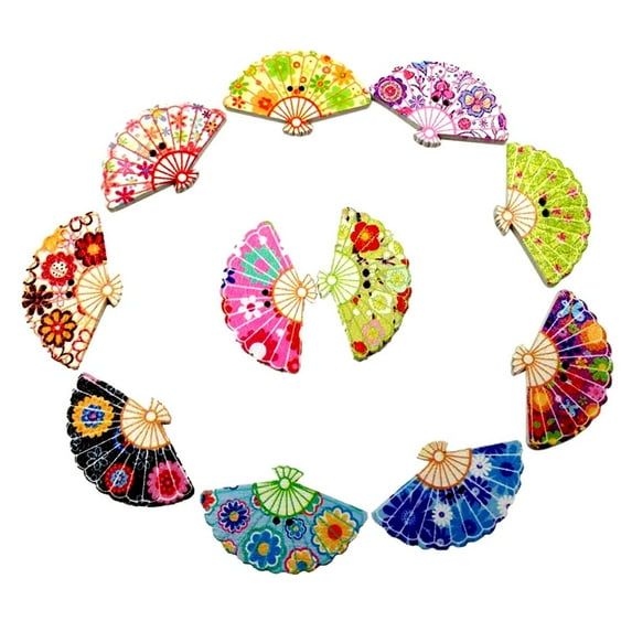 Pack Of 100 Mixed Color Printed Fan Shape Wooden Buttons With Hole DIY Craft Sewing Accessory