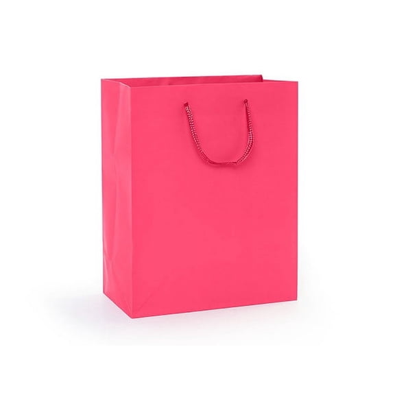Pack Of 100, Solid Hot Pink Matte Cub Gift Bags 8 X 4 X 10" w/Cardboard Bottom Inserts & Coordinating Cord Handles