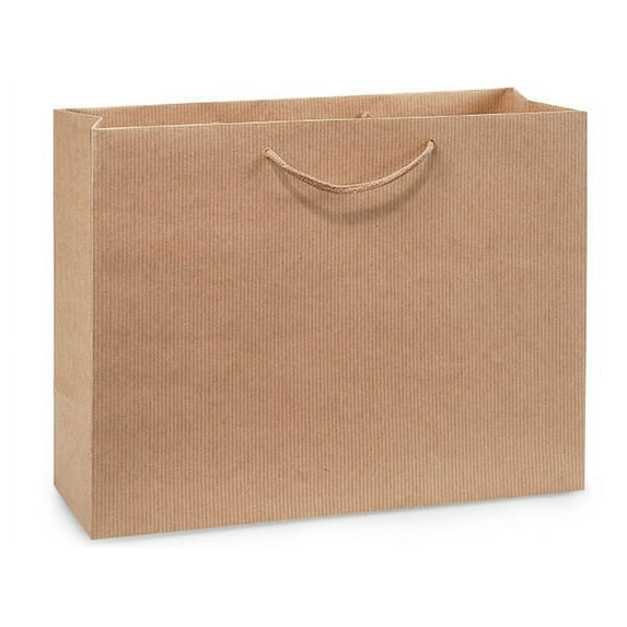 Pack Of 100, Vogue 16 X 6 X 12" Brown Kraft Pinstripe Paper Gift Bags W/Varnish Stripe & Cotton Cord Handles
