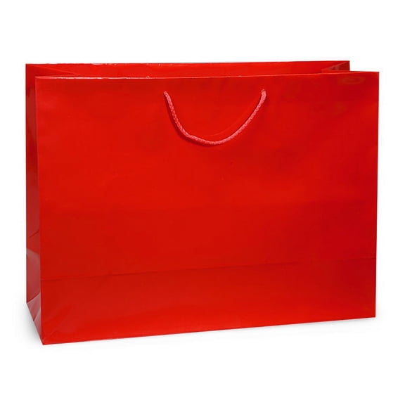 Pack Of 100, Vogue 16 X 6 X 12" Solid Red Deluxe Gloss Color Laminated Paper Gift Bags