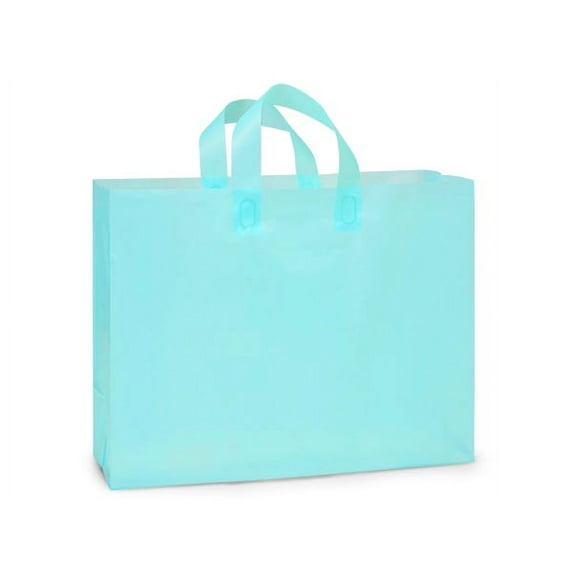 Pack Of 100, Vogue Size 16 x 5 x 12" Solid Aqua Reusable 3 Mil Plastic Shopping Bags W/6 Mil Soft Loop Handle