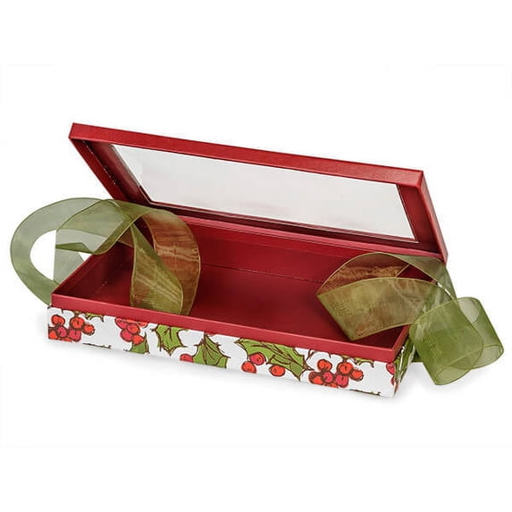 Pack Of 12, 10 X 6.25 X 1.5" Single Layer Size Holly Berry Tidings Gift & Gourmet Christmas Presentation Boxes W/Ribbon