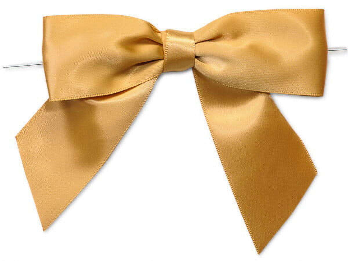 Pack Of 12, 5" Solid Gold Pre-Tied Satin Gift Bows W/6" Twist Ties 1.5" Ribbon