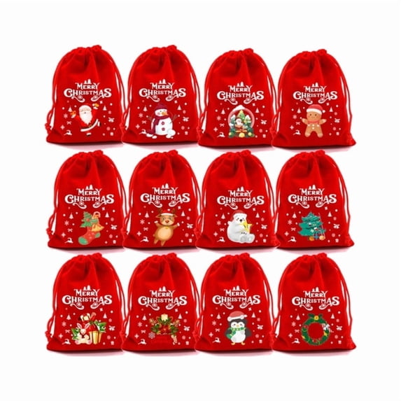 Pack Of 12 Soft Velvet Christmas Gift Bags For Holiday Celebrations And Party Favors, Drawstring Pouches In Festive Red