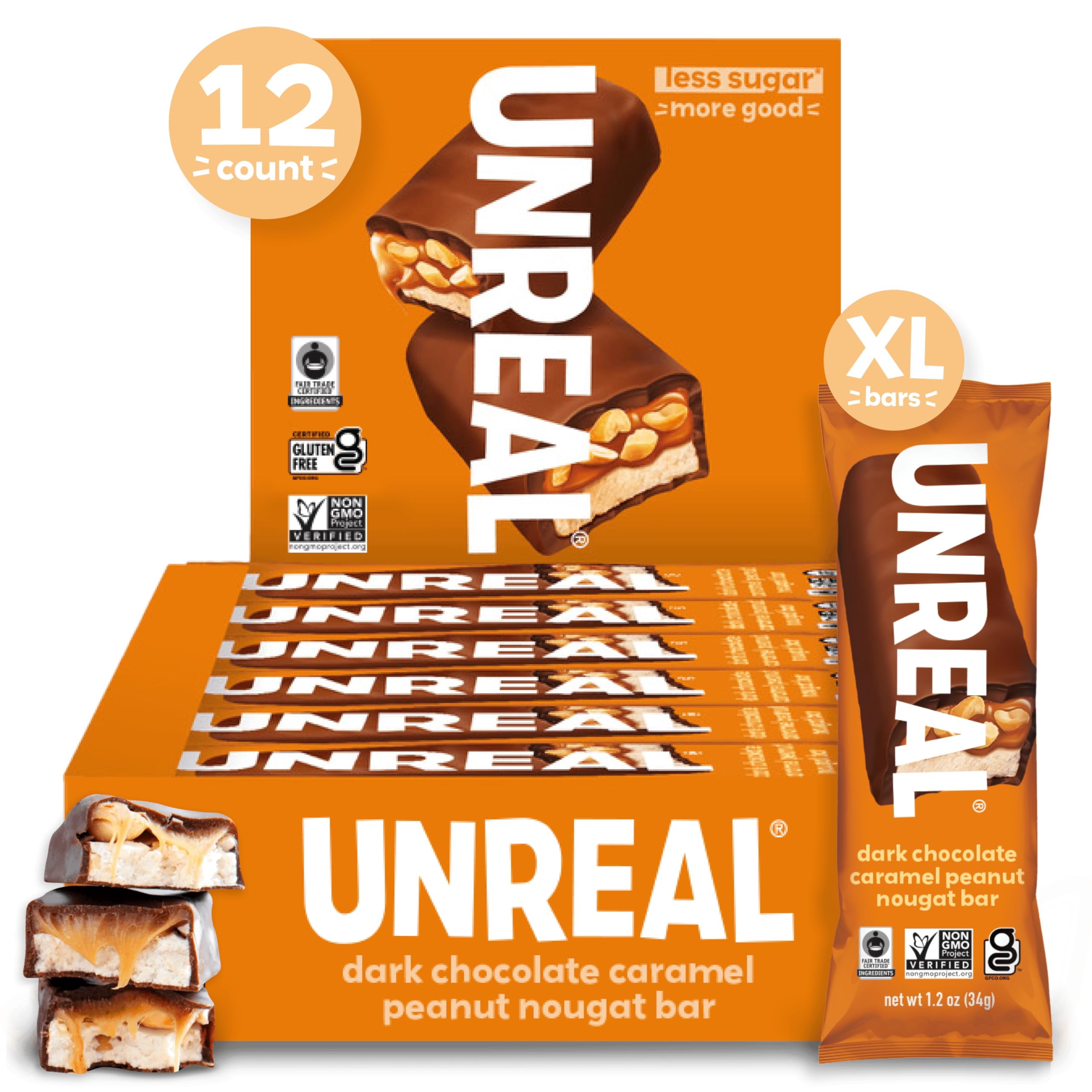 (Pack Of 12) Unreal Chocolate Bar Dark Caramel Peanut Nougat 1.2 Oz