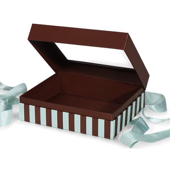 Pack Of 12, X-Large Size Aqua & Choc Stripe Gift & Gourmet Presentation Square Box 7.75 X 7.75 X 3" W/Ribbon 26" Length
