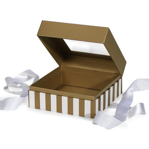 Pack Of 12, X-Large Size Gold & Ivory Stripe Gift & Gourmet Presentation Square Box 7.75 X 7.75 X 3" W/Ribbon 26" Length