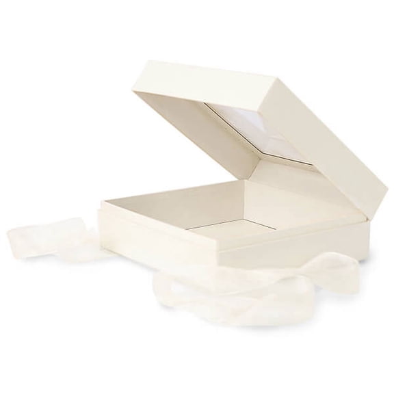 Pack Of 12, X-Large Size Ivory Gift & Gourmet Presentation Square Box 7.75 X 7.75 X 3" W/Ribbon 26" Length