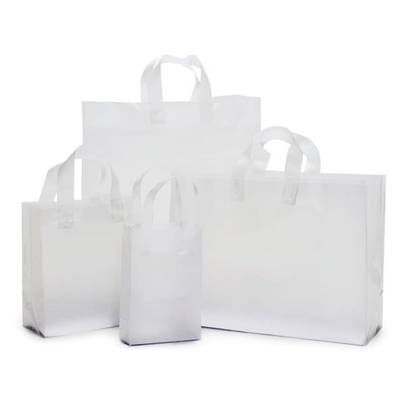 Pack Of 125, Assortment Solid Clear Frosted Plastic Shopping Bag 25 Rose (5X3X8"), 50 Cub (8X4X10"), 25 Vogue, 25 Queen