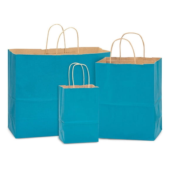 Pack Of 125, Caribbean Blue Natural Kraft Tint Bag W/Edge Tops & Sturdy Handles Assortment 50 Rose, 50 Cub, 25 Vogue Made In USA